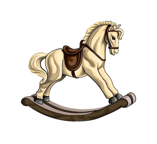 Вектор Винтажная деревянная игрушка лошадка-качалка цветной рисунок реалистичные векторные иллюстрации красок