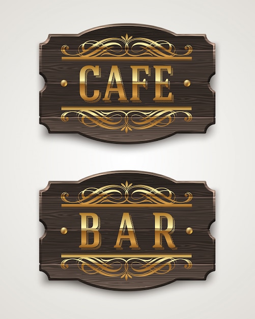 Vector vintage wooden signboards for cafe and bar with golden typography and flourishes elements -   illustration.