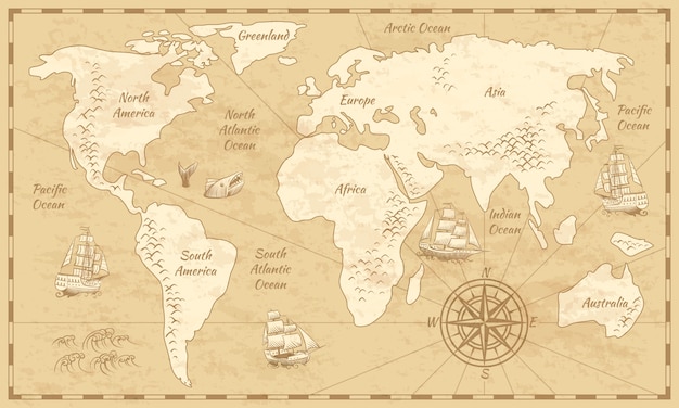 Vector vintage world map. ancient world antiquity paper map with continents ocean sea old sailing globe background