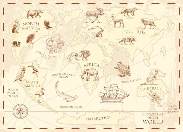 Vector vintage world map with wild animals and mountains sea creatures in the ocean old retro parchment