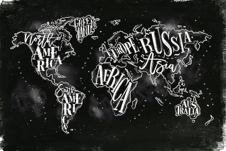 Вектор винтажная карта мира с надписью гренландия, северная америка, южная америка, африка, европа, азия