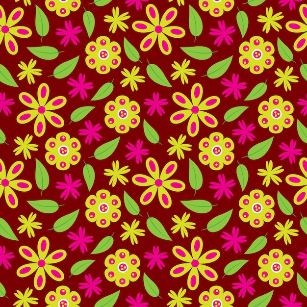 Vector vintage yellow and pink flowers seamless pattern on red background