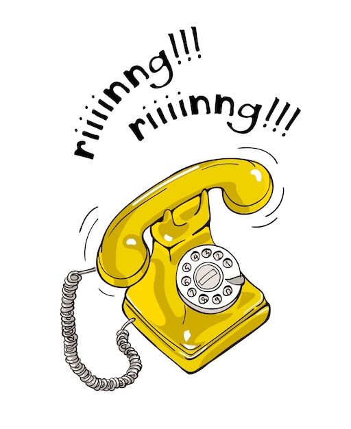 Vector vintage yellow telephone hand drawn illustration.