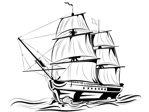 Vintage zeilschip Zeevarend zeiler concept schets vectorillustratie