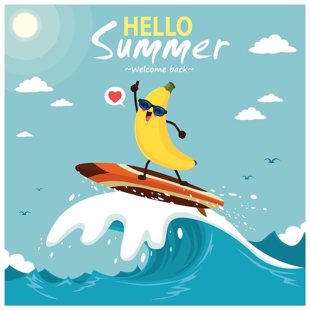 Vintage zomer posterontwerp met vector banaan, surfplank karakters.