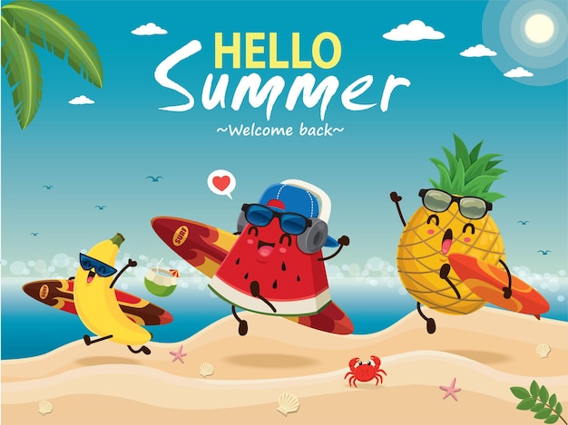 Vintage zomer posterontwerp met vector watermeloen ananas banaan surfplank karakters