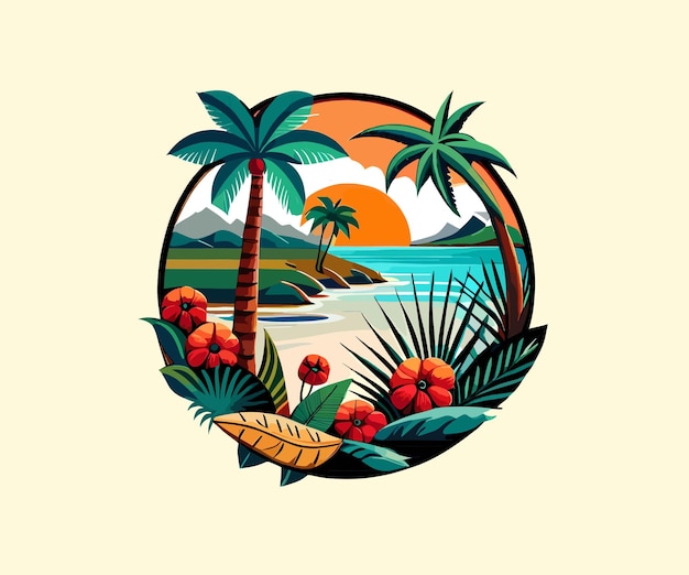 Vector vintage zomer strand logo badge op cirkel achtergrond