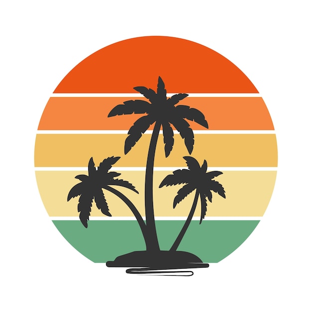 Vintage zonsondergang met eiland silhouet met palmbomen cirkel in retro boho stijl illustratie