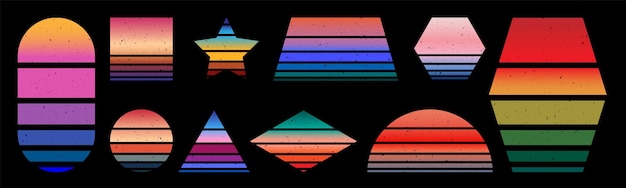 Vintage zonsopgang Californië zonsondergang retro vormen textuur logo 80s 90s stijl voor tshirt Strandvakanties surf grafische elementen opzichtige vector set