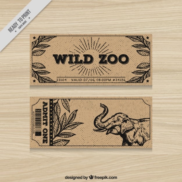 Vintage zoo tickets with hand drawn elephant and leaves