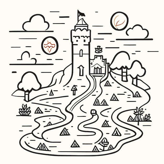 a vintagestyle map with a treasure map path leading to a stylized castle vector illustration line