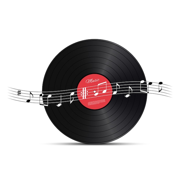 Vector vinyl disc and music note wave.