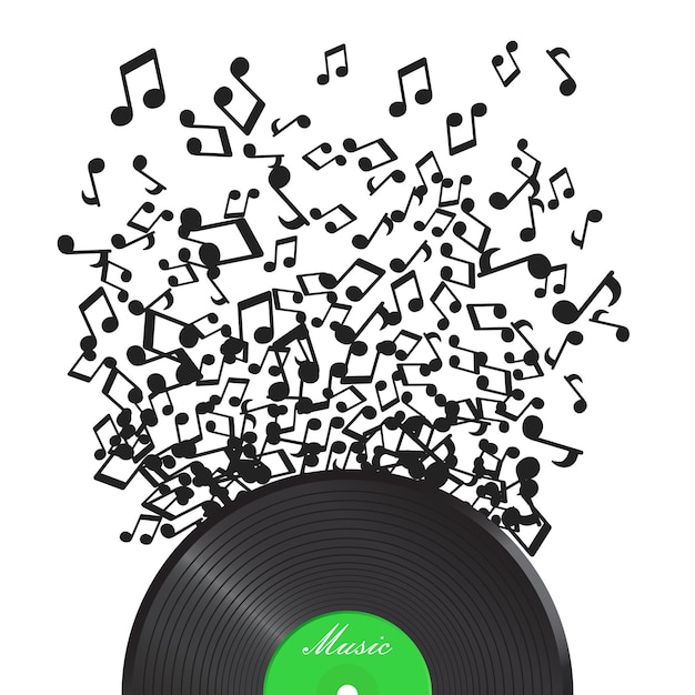Виниловый диск с летающей звуковой нотой Музыкальный диск векторная иллюстрация Звуковая запись