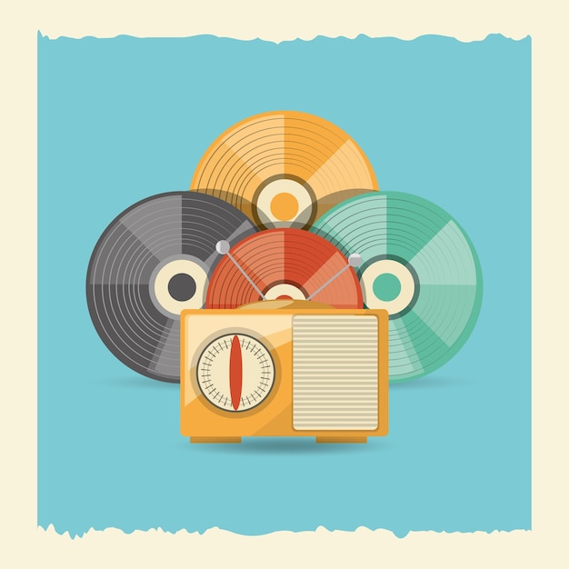 Vinyl disks and retro radio icon over blue background