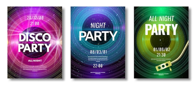 Vinyl flyers ingesteld. vinyl record retro design flyer voor muziekfestival of dj night club disco party