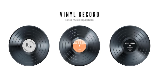 Vector vinyl music record set. retro audio disk. realistic vintage gramophone disc with cover .  illustration