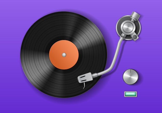 Vinyl platenspeler realistische compositie stijlvolle paarse platenspeler is aan en speelt een lied vectorillustratie