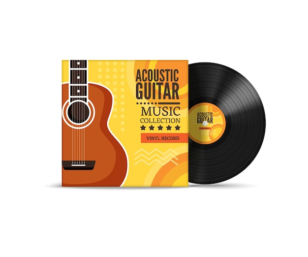 白い背景のベクトル図にビニールレコードカバーリアルなモックアップレトロなデザインのアコースティックギターコレクション