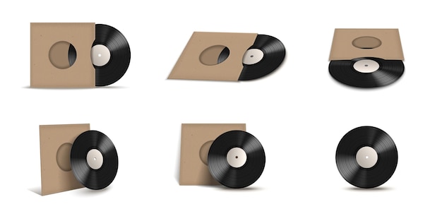 Vinyl record covers mockup realistische geïsoleerde icon set records in karton of kraft pakketten vector illustratie