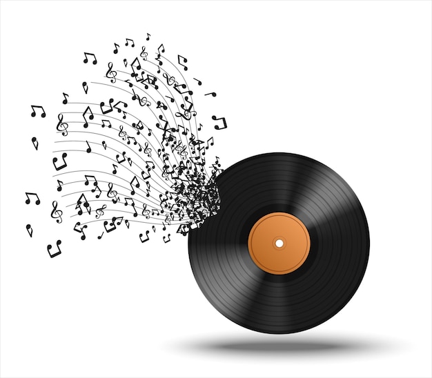 Disco in vinile musica composizione realistica astrazione con note musicali che volano fuori dall'illustrazione vettoriale record