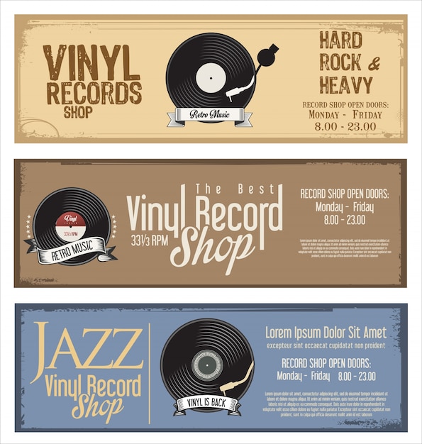 Vector vinyl record shop retro grunge banner