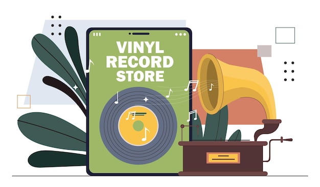 비닐 레코드 상점 개념 상점 및 레트로 물건과 물건을 가진 상점 음악 및 오디오 장비