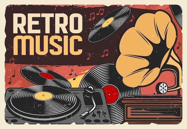 Vinyl records of retro music and gramophone