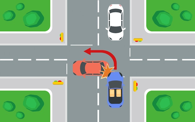 Vector violates traffic rules when turning left at a junction car accident four-way road