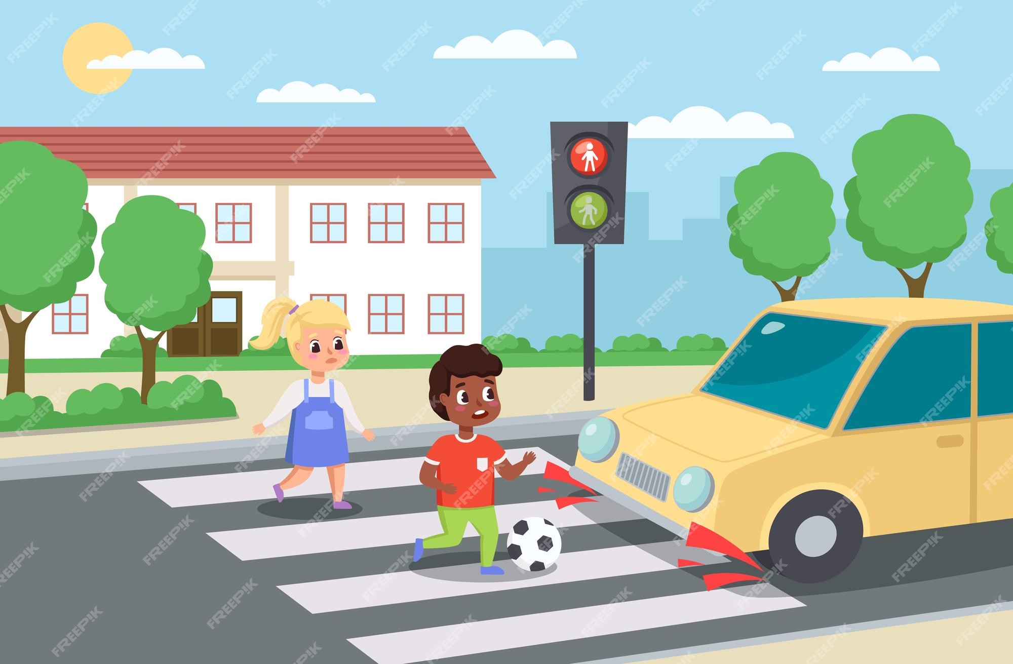 Premium Vector | Violation road rules kids abruptly cross path dangerous scene playing ball roadway sudden braking car traffic problem warning light red signal childish educational scene vector cartoon concept Premium Vector | Violation road rules kids abruptly cross path dangerous scene playing ball roadway sudden braking car traffic problem warning light red signal childish educational scene vector cartoon concept