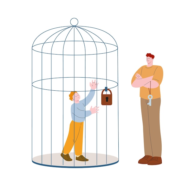 Vector violence against children boy in cage under lock and adult with key outside punishment loneliness psychological pressure flat vector metaphor of punishment cage for child illustration