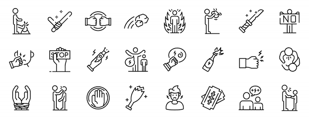 Violence icons set, outline style