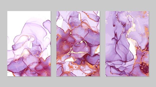Абстрактные текстуры фиолетового и золотого мрамора в технике спиртовой туши
