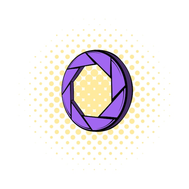 Violet camera aperture icon in comics style on a white background