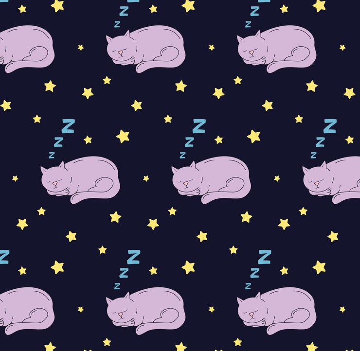 Vector violet cat sleeping on the dark blue sky with the stars pattern