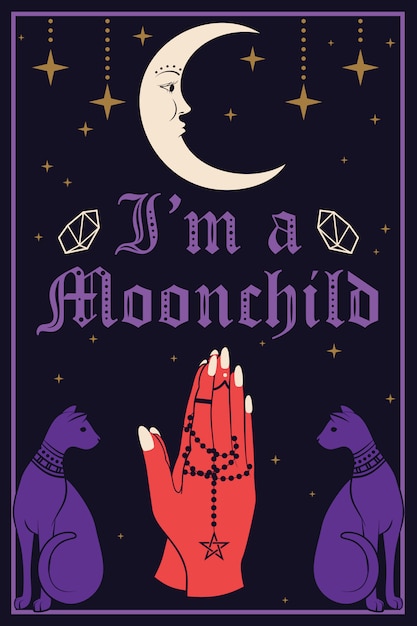 Violet cats and the moon. praying hands holding a rosary. i am a moonchild text. vector illustration