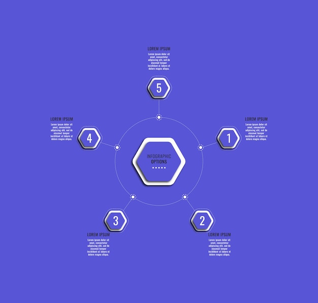 Шаблон фиолетовой круговой инфографической диаграммы с пятью четными шестиугольными элементами и текстовыми полями