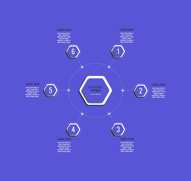 Violet circular infographic diagram template with six hexagonal elements and text boxes