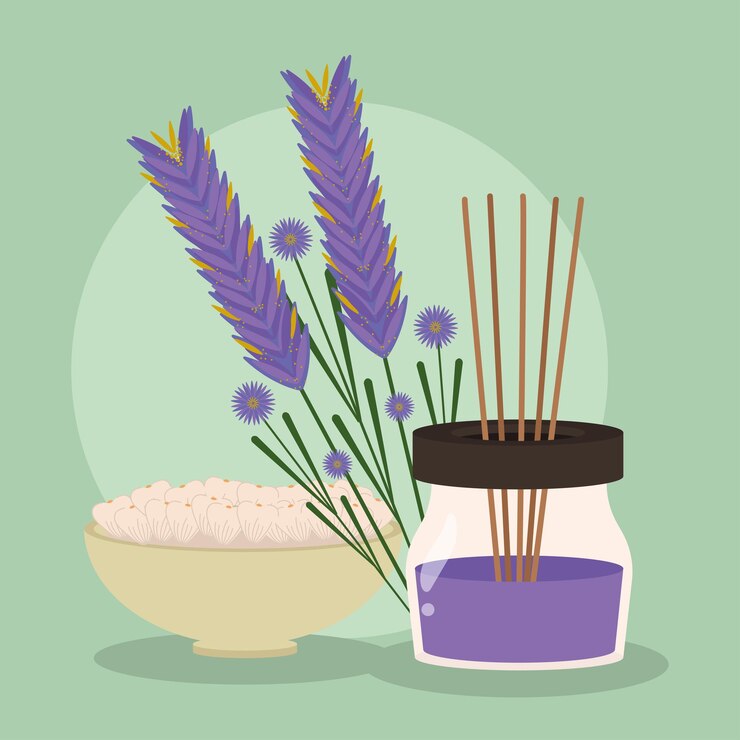 Vector violet flower and aromatic oil with sticks