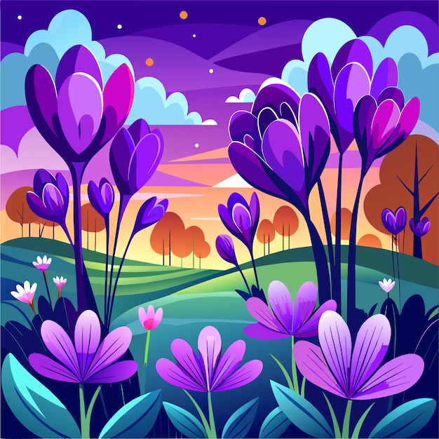 Vector violet flowers in the field vector illustration