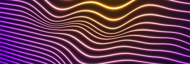 Violet geel gloeiende neon gebogen golven abstracte achtergrond. Vector golvend gebroken lijnen bannerontwerp