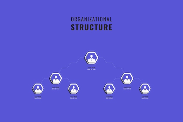 Modello di gerarchia infografica orizzontale viola con elementi esagonali e caselle di testo