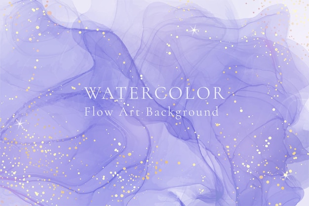 Violet lavender liquid watercolor marble background with golden lines. Pastel purple periwinkle alcohol ink drawing effect. Vector illustration design template for wedding invitation, menu, rsvp.