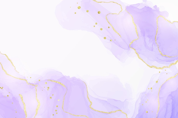 Vector violet lavender liquid watercolor marble background with golden lines