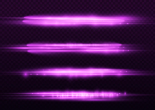 Vector violet light rays flash horizontal lens flares speed laser beams glow purple line motion flare glare