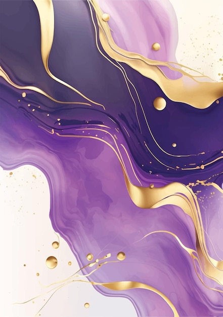 Violet liquid watercolor background with golden vector