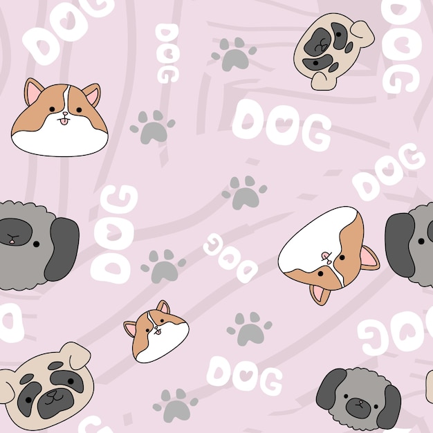 Violet pattern with cute funny happy dogs paws prints text and pets background for children