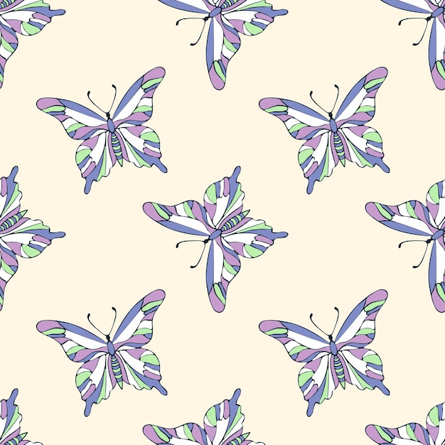 Violet pattern with pink butterflies hand drawn contour drawing of butterfly
