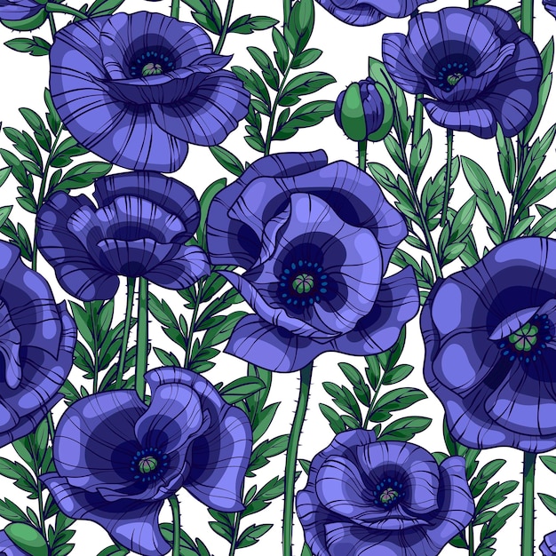 Vector violet poppies seamless floral vector pattern