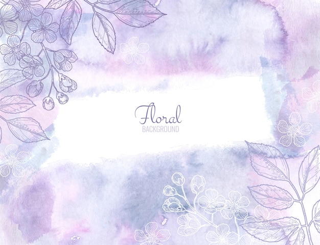 Violet and purple pastel watercolor background with hand drawn flowers