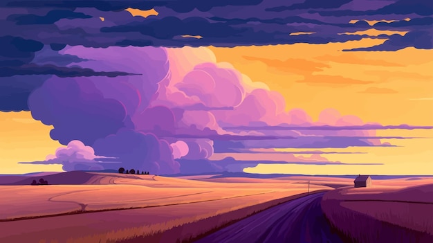 Violet Skies Expansive Landscapes in Light Amber and Indigo with Purple Clouds